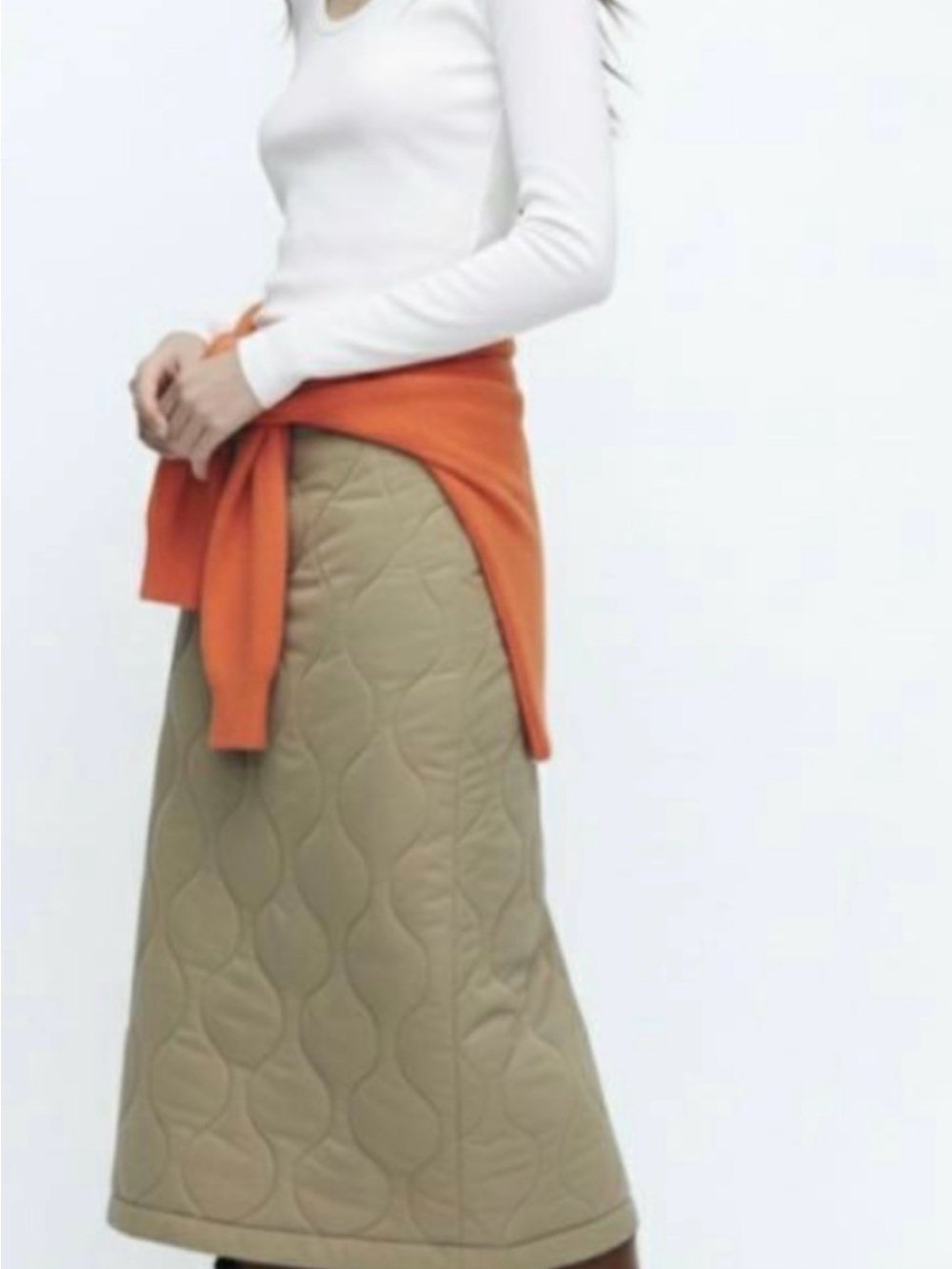 Zara Quilted Maxi Skirt in Olive Khaki